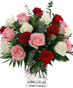 Share that 'Valentine' feeling any day of the year with this sweetheart theme of 24 roses in red, pink and white, arranged with eucalyptus in glass cube vase